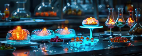 Obraz premium Imagine an unexpected camera angle capturing a dark, futuristic dessert laboratory, where glowing molecular gastronomy creations defy gravity and ordinary norms