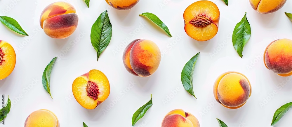 Poster Ripe Chinese flat peach fruit and a half with a leaf isolated on a white background featuring copy space for your text Top view Flat lay