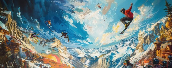 Produce a dynamic worms-eye view of an extreme sports scene merging with a historical event, using impressionism in oil painting style