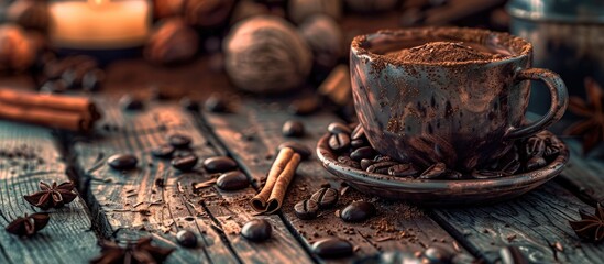 A cup of coffee with cinnamon surrounded by coffee beans. with copy space image. Place for adding text or design