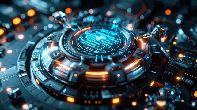 Produce a futuristic nanotech spy gadget blending with traditional poetry theme in a 3D rendered espionage setting Dramatic lighting, Dutch angles, and cybernetic elements