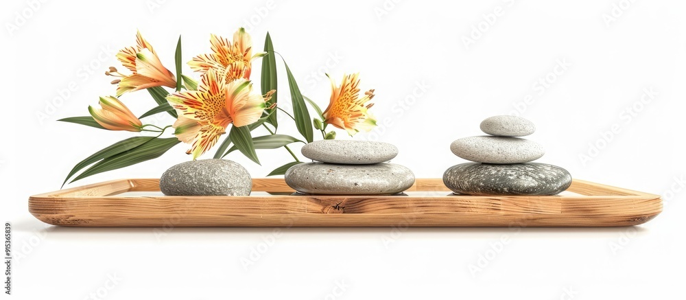Aufkleber spa stones alongside alstroemeria and bamboo in a wooden tray with water isolated on white. with cop
