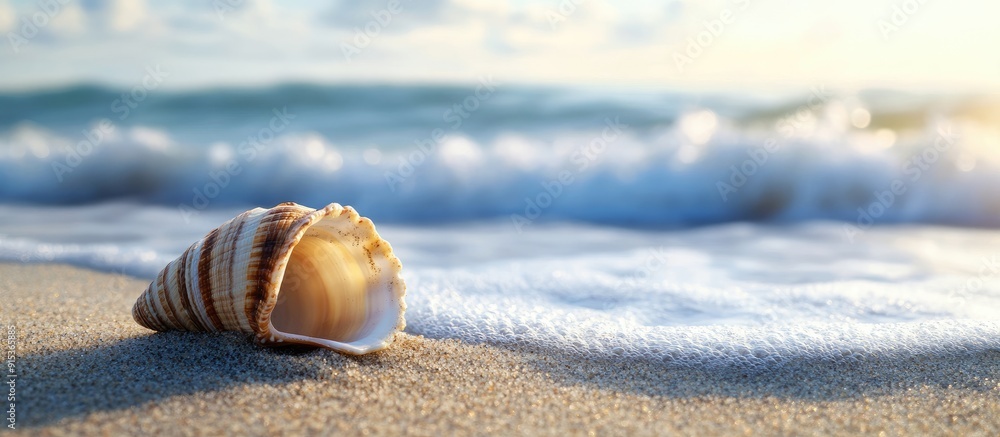 Aufkleber Shell on sandy beach near ocean waves. with copy space image. Place for adding text or design