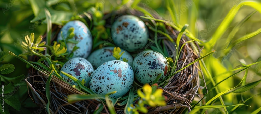 Aufkleber Eggs in a nest on green grass The concept of the Easter Holiday. with copy space image. Place for adding text or design