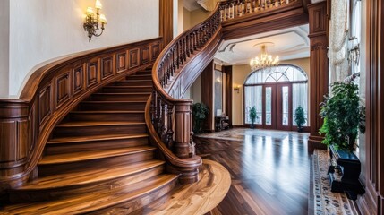 Elegant Wooden Staircase in a Grand Foyer