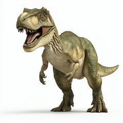 3D cartoon of a dinpsaur, standing on hind legs with sharp teeth, hyper-realistic, white background.