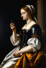 Renaissance-style painting portrait of a princess in gothic clothing holding a smartphone in her hand, Generative A