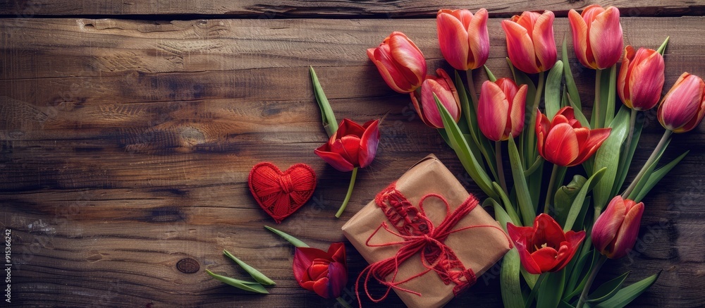 Poster red tulip flower bouquet in a heart shaped gift box on a wooden background valentine s day greeting 