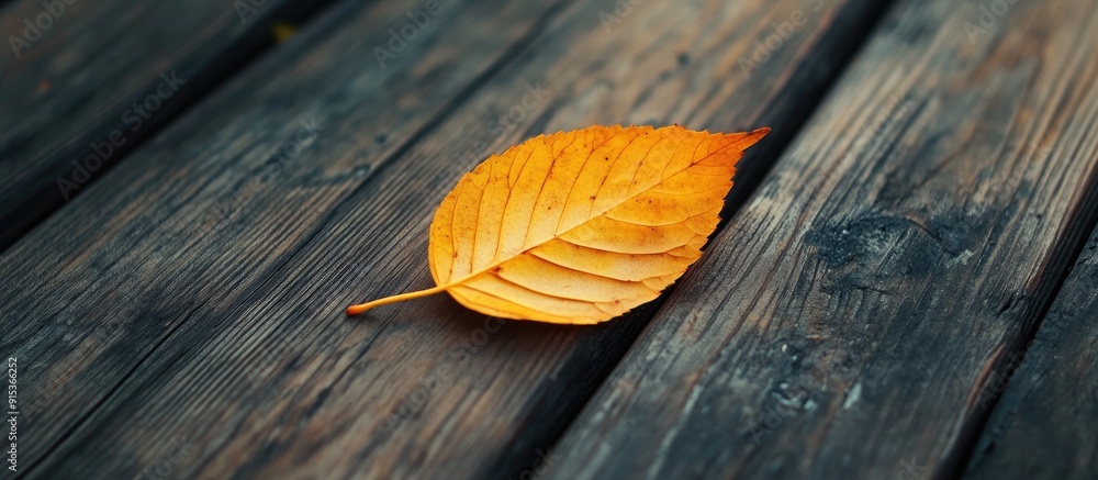 Aufkleber A lovely yellow autumn leaf rests on an aged wooden surface close up representing the essence of autumn. with copy space image. Place for adding text or design