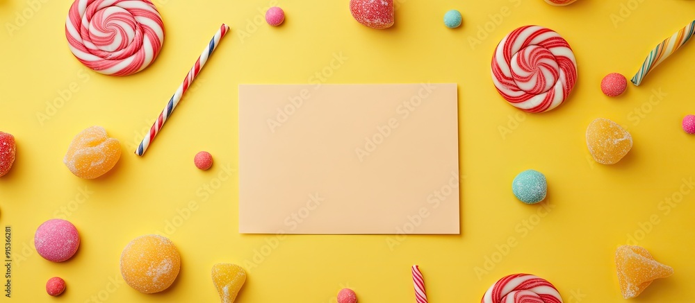 Aufkleber arrangement featuring a blank card lollipops and candies on a yellow background. with copy space ima