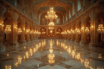 Obraz premium opulent ballroom with towering crystal chandeliers ornate gilded mirrors marble floors reflecting candlelight romantic ambiance