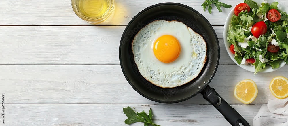 Poster breakfast table fried egg in a frying pan on a white wooden surface accompanied by a salad and lemon