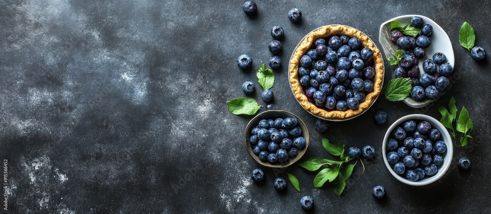 Poster ingredients for making blueberry pie seen from above overhead top view flat lay. with copy space ima