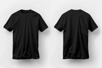 Front and back view of a black t-shirt mockup on a white background