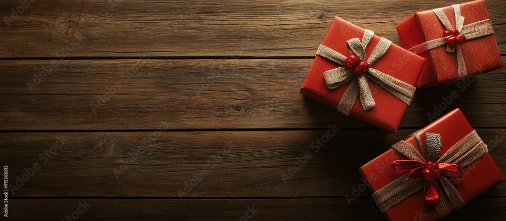 Poster gift boxes atop a wooden surface. with copy space image. place for adding text or design