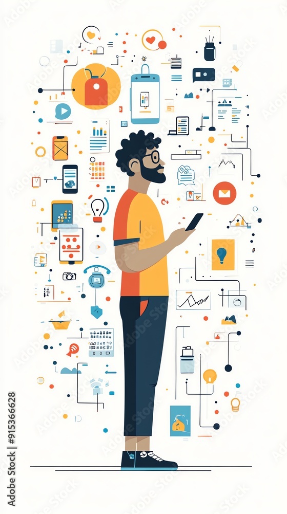 Poster man surrounded by digital icons, connecting to technology.