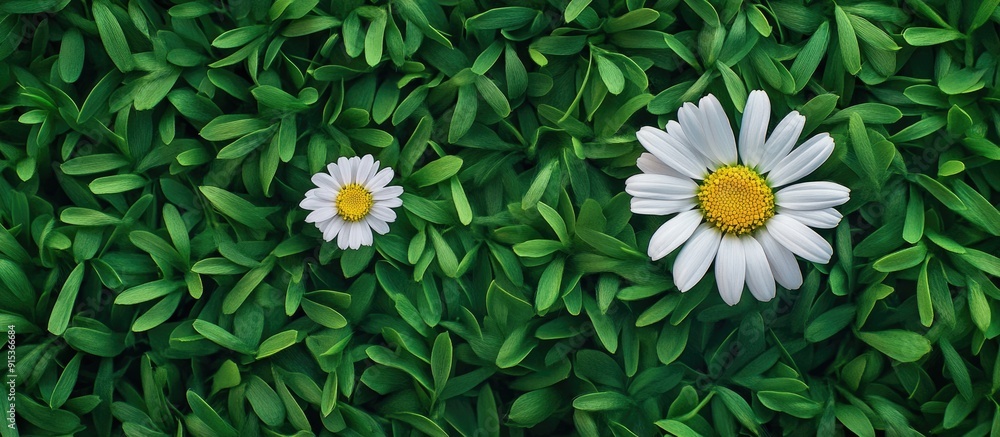Aufkleber One chamomile flower and a daisy on a backdrop of green grass Top view close up. with copy space image. Place for adding text or design