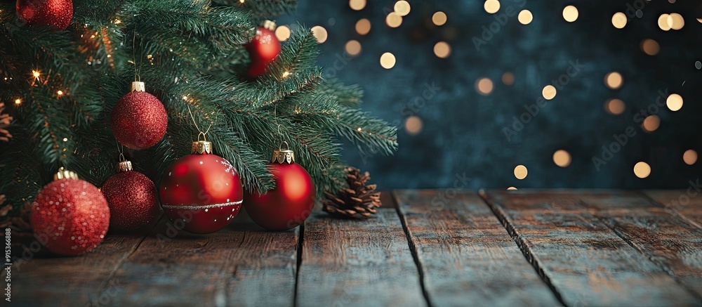 Poster christmas tree and decorations on a wooden surface new year baubles on wood wooden table xmas adornm