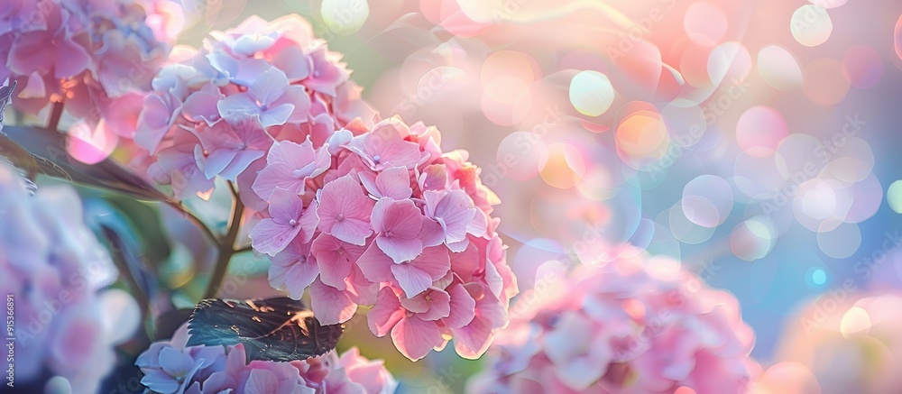 Aufkleber Summer blooming hydrangeas with selective focus shallow depth of field softened tones illuminated with heart shaped bokeh in the background and a pastel gentle card. with copy space image