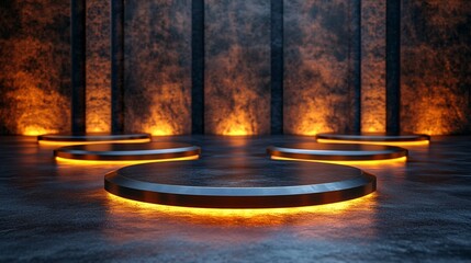 Luxurious Minimalistic 3D Podium in Elegant Presentation with Warm Lighting on Glossy Black Backdrop