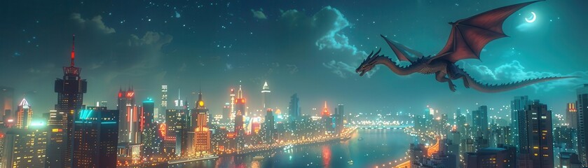 A long shot of a dragon gracefully soaring over a modern city skyline at night