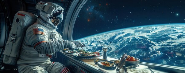 A photorealistic CG 3D side view of an astronaut preparing a gourmet meal on a zero-gravity kitchen