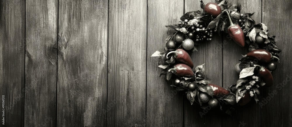 Aufkleber peppers on a christmas wreath wooden background in black and white sepia tone. with copy space image