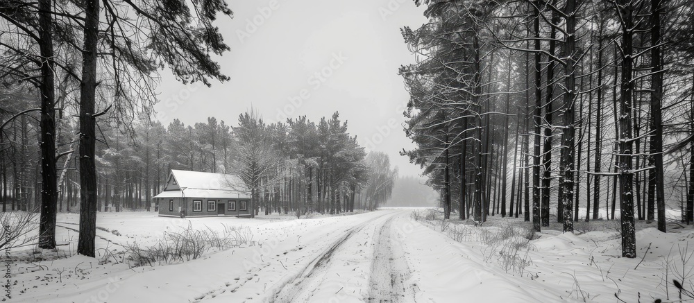 Poster Black and white winter scenery featuring trees and a forest a barren tree without leaves a house and snow covering the ground. with copy space image. Place for adding text or design