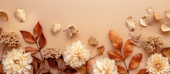 Autumn floral arrangement A frame consists of dried flowers and leaves set against a pastel beige background Autumn fall theme Flat lay top view copyspace