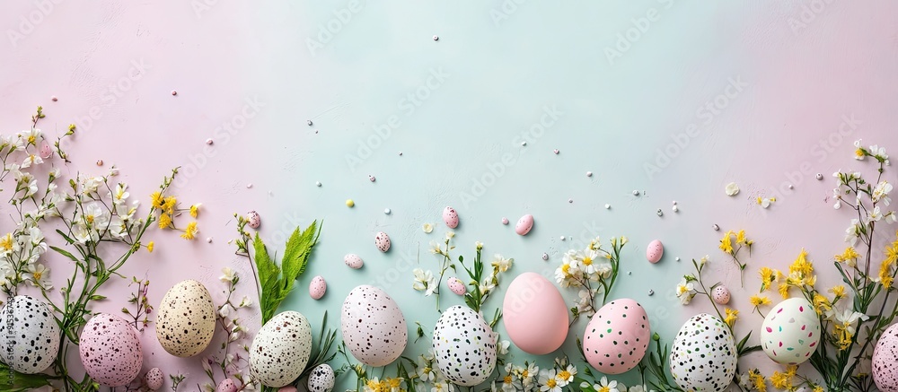 Aufkleber easter backdrop featuring easter eggs and spring flowers top view with copy space