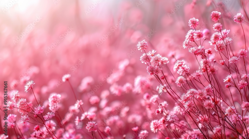 Wall mural A vibrant field of pink flowers blooming under soft morning sunlight in early spring