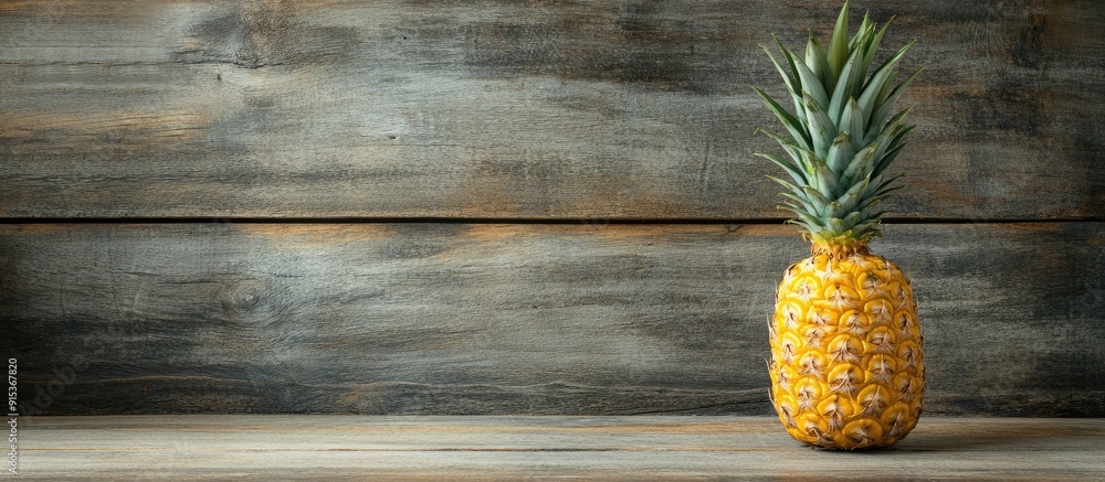 Poster vertical image of a fresh ripe pineapple set against a wooden background. with copy space image. pla