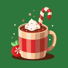 Christmas warm sweet cocoa with marshmallows in a cup. Winter drink, hot chocolate in mug. Xmas chocolate beverage with yummy candies and steam. Flat vector illustration