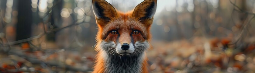 Close-up shot of a fox in a forest, minimalist design, natural colors, drone angle, photorealistic digital art, intricate fur details, focused yet tranquil atmosphere