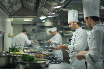 Chefs wearing white uniforms and hats are cooking various dishes in a bright, professional kitchen with modern equipment.