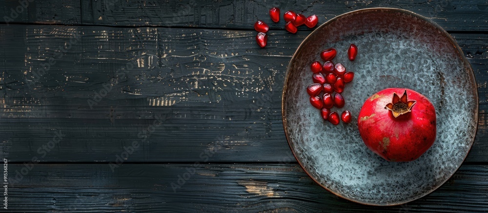 Poster succulent pomegranate with seeds on a plate atop a dark wooden table from a top view copyspace