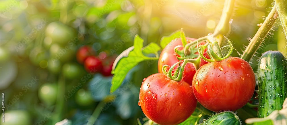 Aufkleber homemade greenhouse featuring ripe tomato and cucumber plants a fresh bunch of red organic tomatoes 