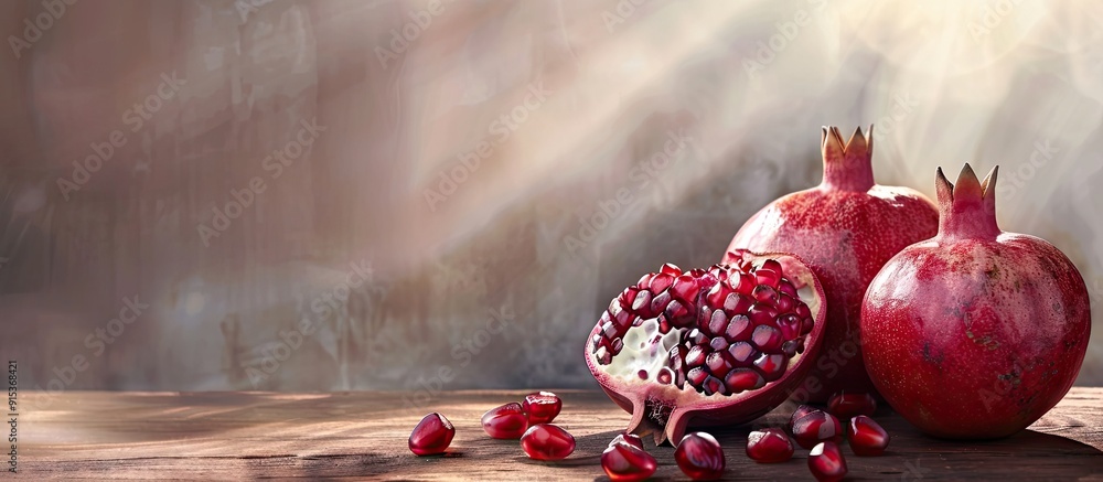 Poster whole pomegranates in the early morning. with copy space image. place for adding text or design