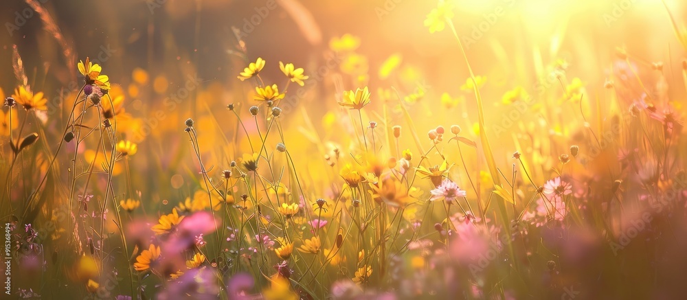 Poster Morning light shining on the wildflowers. with copy space image. Place for adding text or design