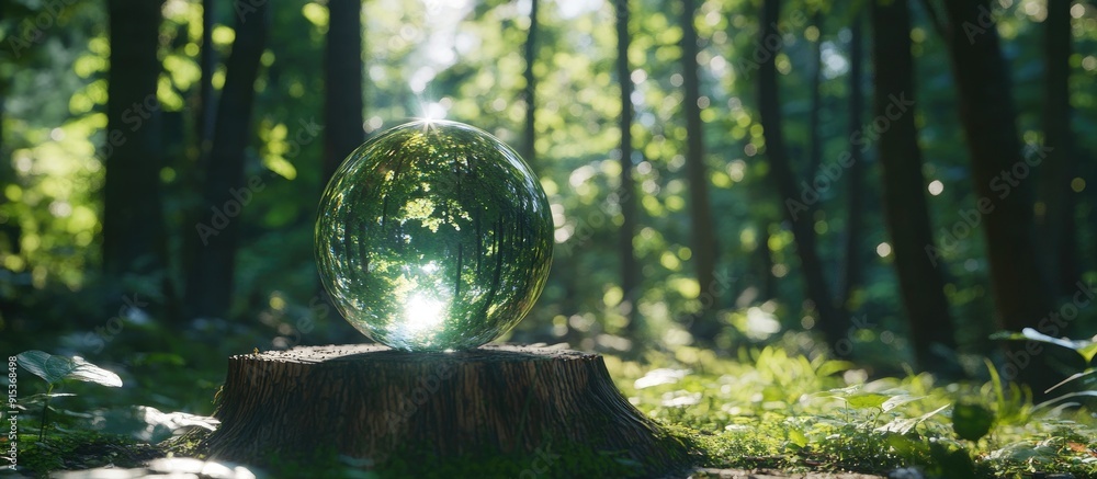 Poster Beautiful green trees outdoors with an inverted reflection A crystal ball on a stump in the forest Area for text. with copy space image. Place for adding text or design