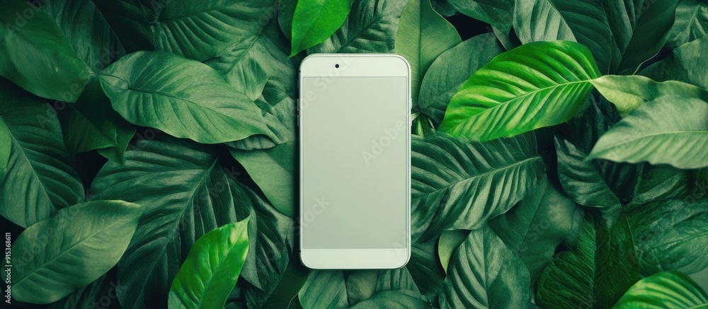 Poster A blank phone on a green leaf is ideal for presentations. with copy space image. Place for adding text or design