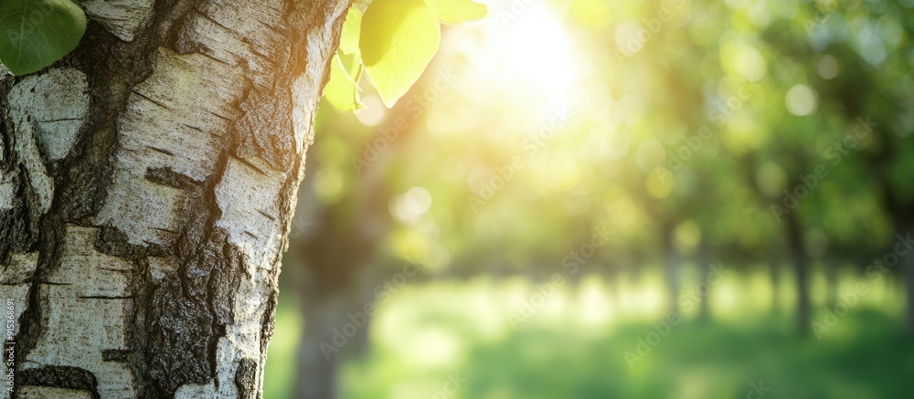 Aufkleber whitewashed bark of fruit trees in a sunny orchard garden against a blurred green copyspace backgrou