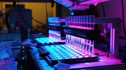 Fototapeta premium A UV-Vis spectrometer setup for measuring the concentration of protein samples, with cuvettes aligned for analysis