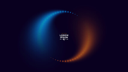 Glow Neon Orange and Blue Lights Circle Frame. Magic Light Flying Creating Ying Yang Symbol. Abstract Fire and Ice Magical Sparkling Light Trails. Golden Glittering Magic Particles. Vector.