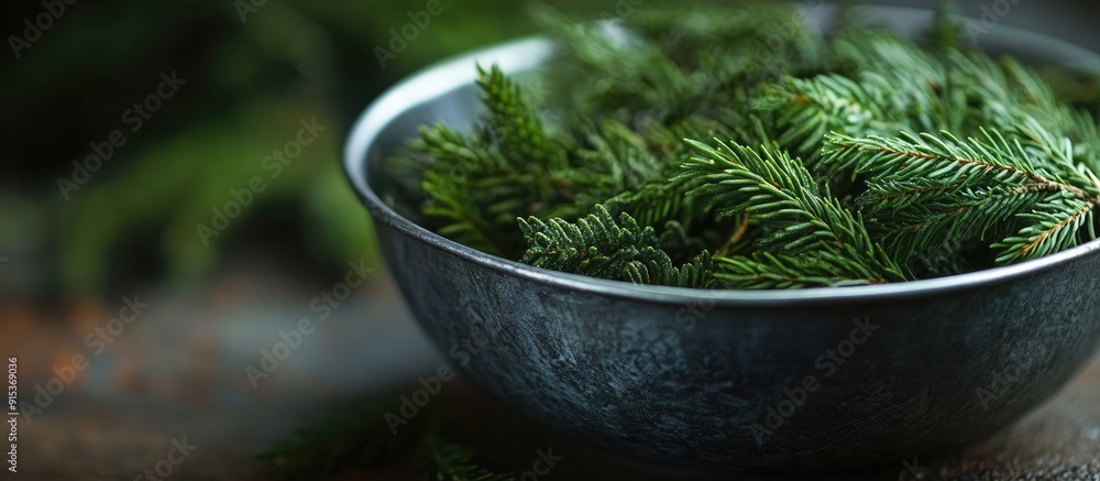 Poster Close up image of a metal bowl filled with freshly gathered tips of a coniferous tree in spring. with copy space image. Place for adding text or design