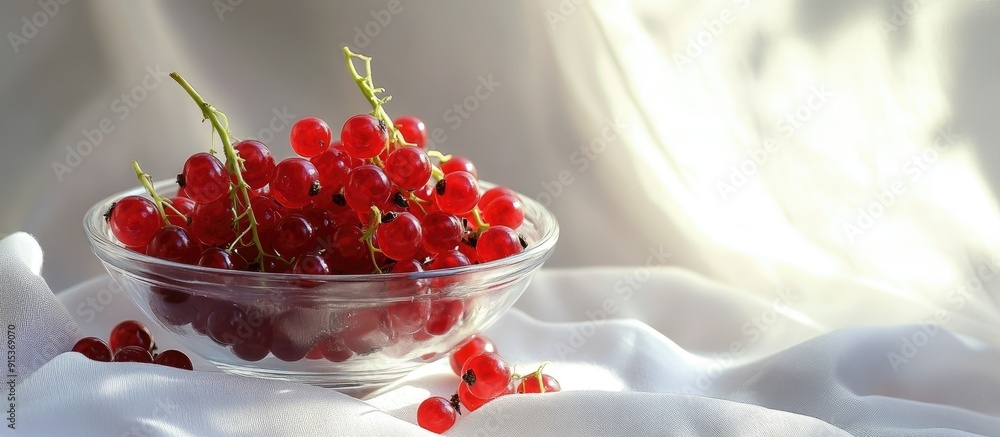 Poster Red currants in a glass bowl on a white tablecloth with copy space selected soft focus and a narrow depth of field