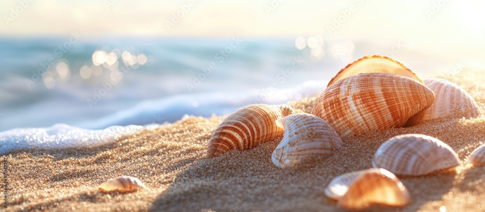 Poster Seashells on a sandy beach Summer vacation backdrop by the sea. with copy space image. Place for adding text or design