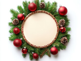 Festive Christmas wreath with ornaments and pine branches arranged for decoration