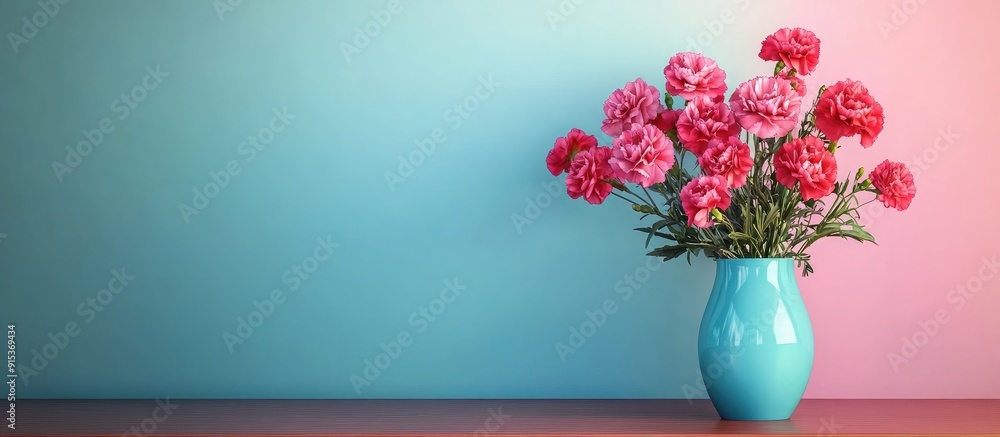 Poster Vase containing lovely carnation flowers on a table by a colored wall. with copy space image. Place for adding text or design