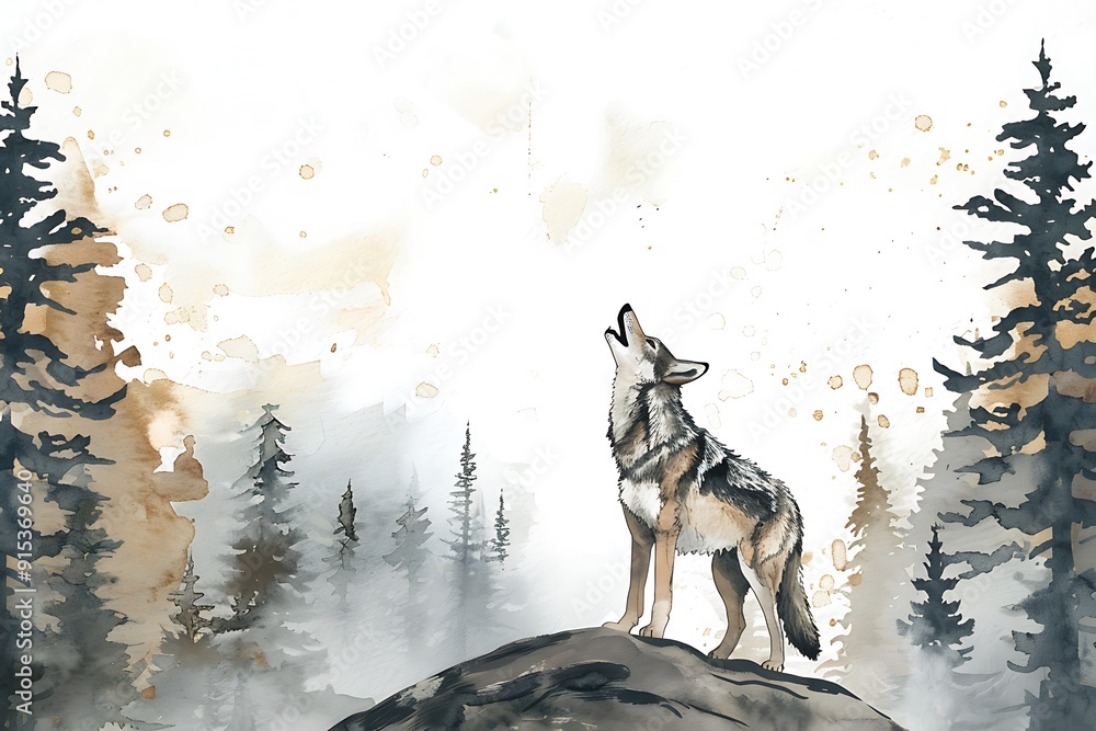 Wall mural Watercolor Illustration of a Wolf Howling in a Misty Forest.